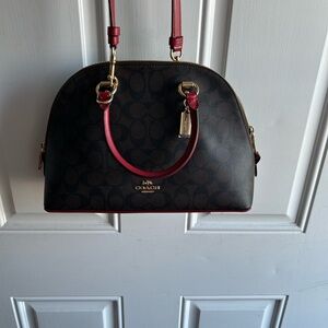 Coach Brown Signature Dome Satchel Crossbody with Red Trim. 13x8